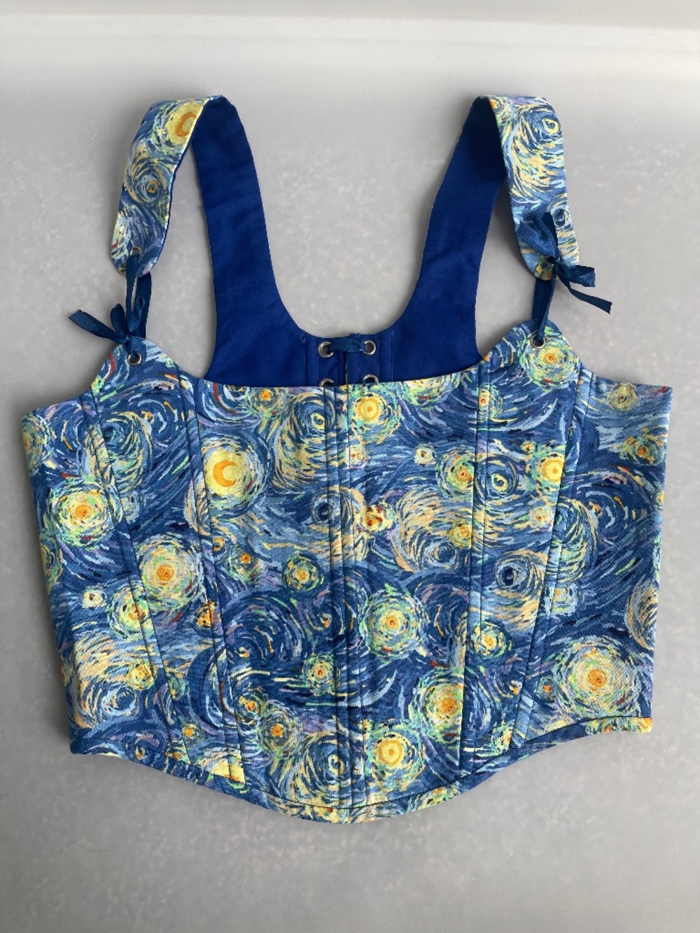 Handmade Van Gogh Starry Night Corset Top M Lace Up Boned Cotton Bustier